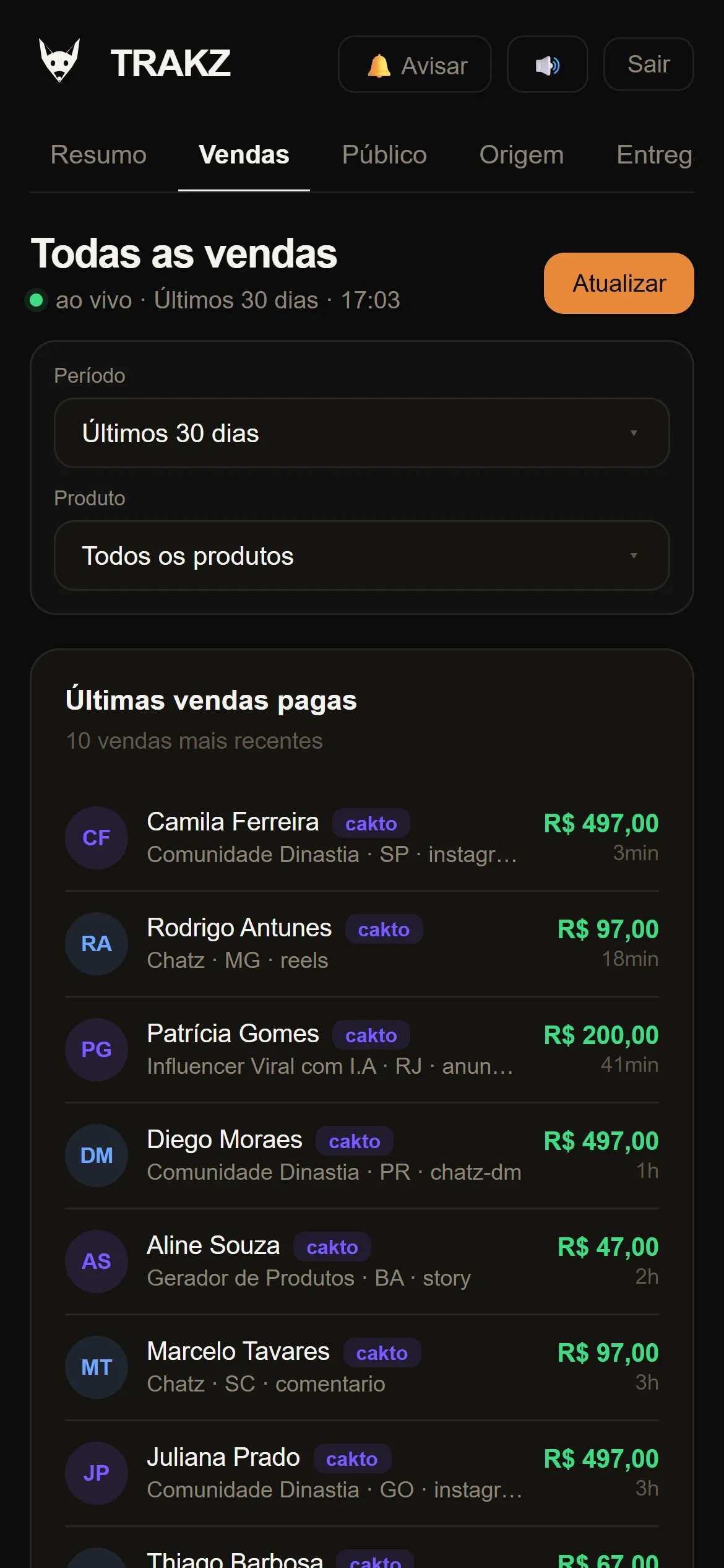 TRAKZ no celular com as últimas vendas